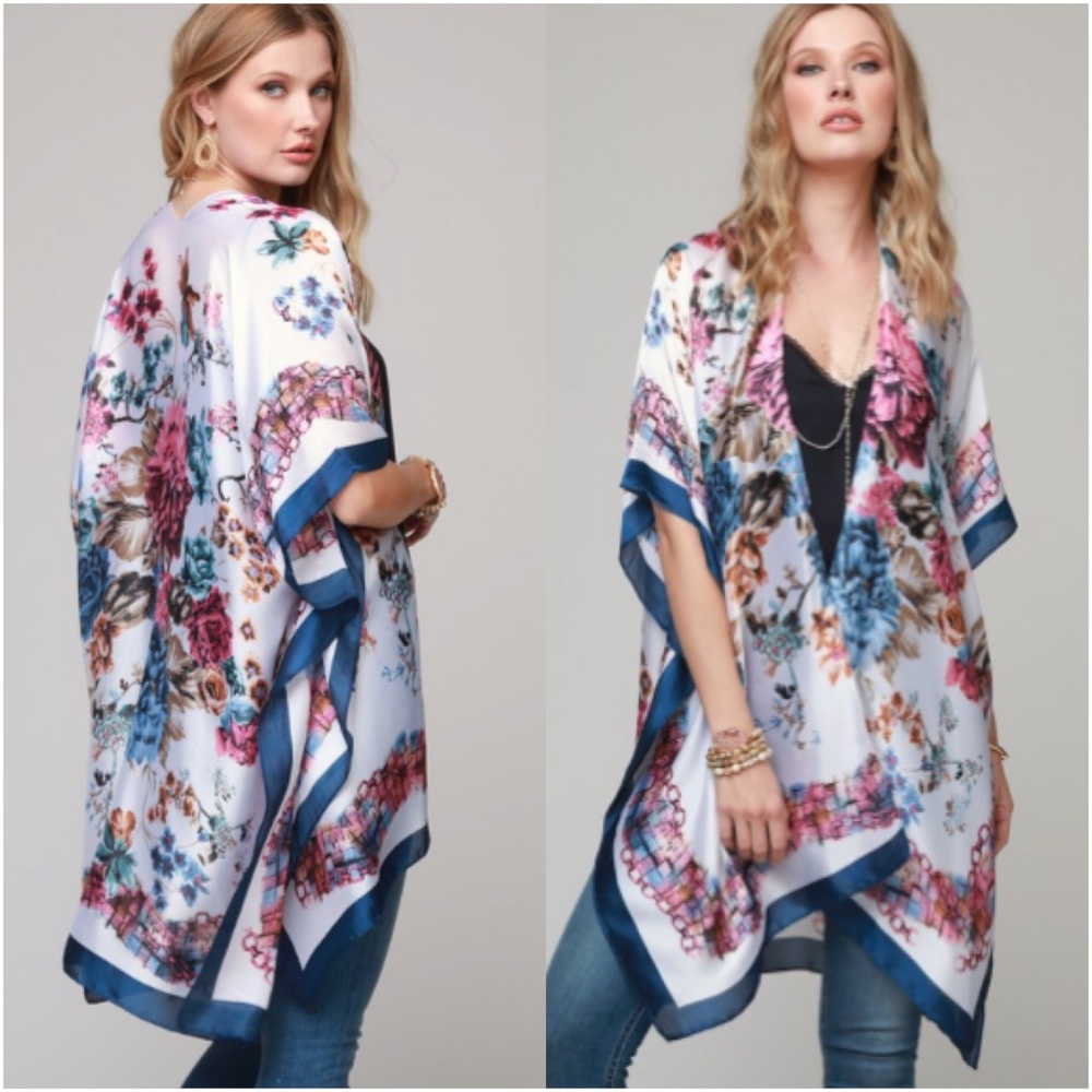 Boho Chic Satin Floral Cardi Kimono Coverup O/S